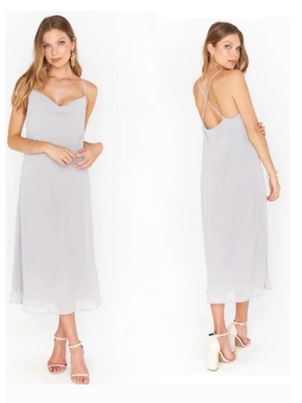 Show Me Your MuMu Light Gray Slip Midi Dress with Crisscross Back